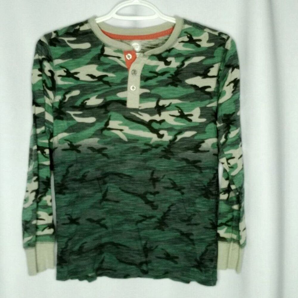 Wonder Nation Camouflage Cotton Henley Shirt Camo Long Slve Tee Youth Boys Lrg